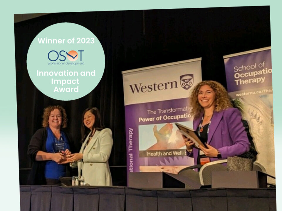 Jennifer Berg-Carnegie receiving the award for winning the 2023 OSOT Innovation and Impact Award